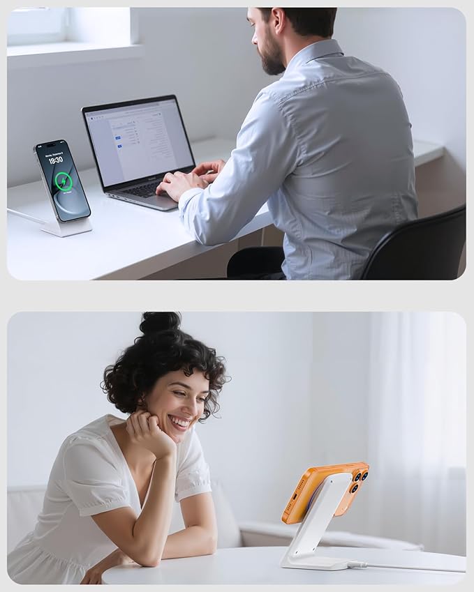 Magnetic Phone Charger Stand, Hands-Free Phone Holder, for iPhone 17-12 Samsung S26/S25 Google Pixel 10, Ideal for Office Desktop Nightstand, Qi-Certified, No Adapter (2 Pack Lunar White)