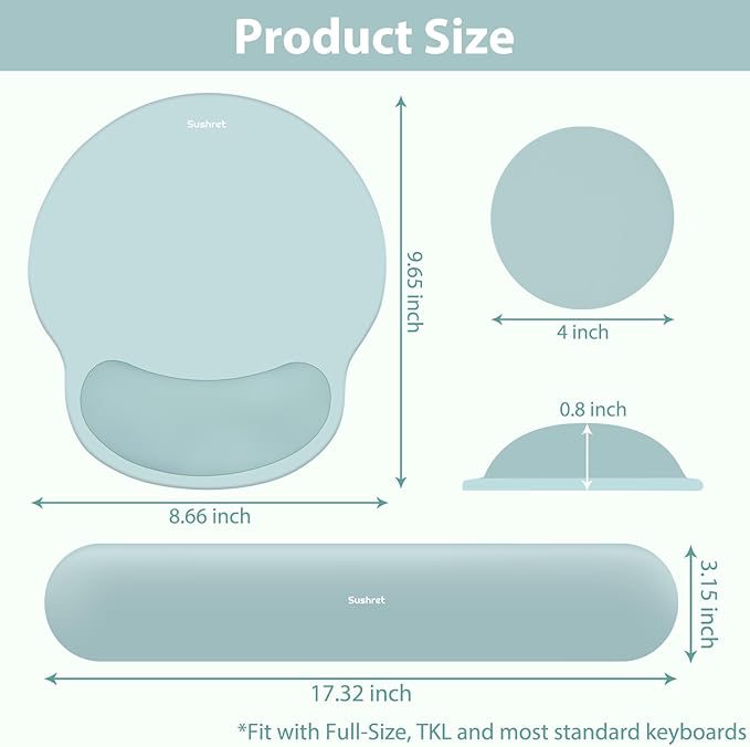Sushret Mouse Pad and Keyboard Wrist Rest, 3-in-1 Gel Memory Foam Ergonomic Mouse Pad with Wrist Rest Set, Gaming Mousepad Arm Cushion Support for Computer Office Desk Accessories Cute, Seafoam Blue