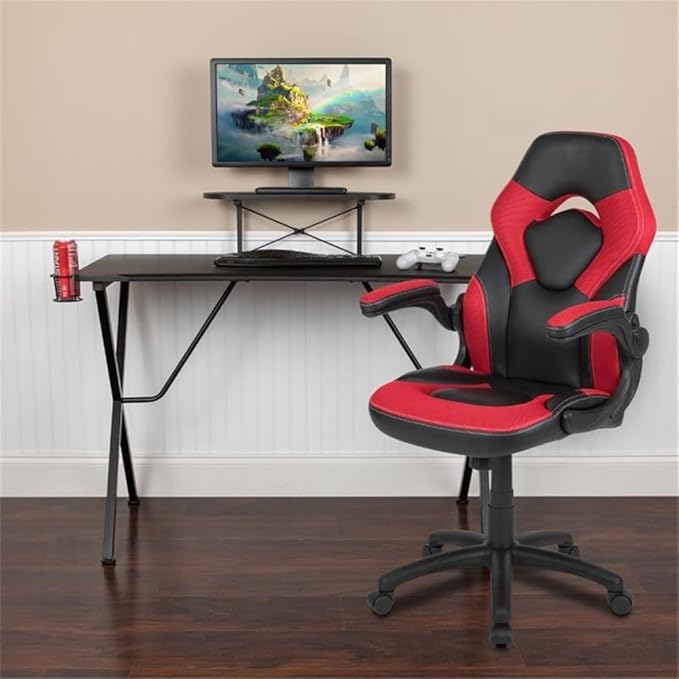BOWERY HILL 2 Piece Gaming Desk Set with Monitor Stand, Black and Red, 51.5" W Desk and Adjustable Gaming Chair, Cable Management, Cup Holder, Headset Hook, Ergonomic Lumbar Support for Gaming Setup