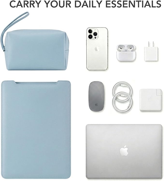 4-in-1 Laptop Sleeve with Stand and Mouse Pad, Faux Leather Protective Case with Accessory Pouch for 15-16 Inch Laptops(SkyBlue)