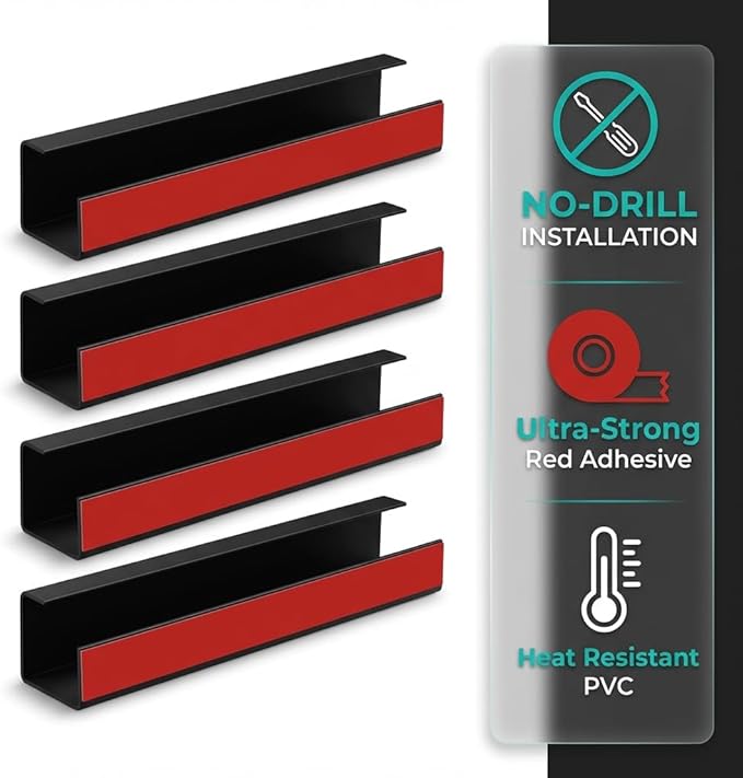 Ickmomo Self-Adhesive Cable and Desk Cover Management Trays (4 Pack, Black) - No Drill Desk Cable Organizer for Electronics Wires, Tidy Office/Desks/Living Room Cables