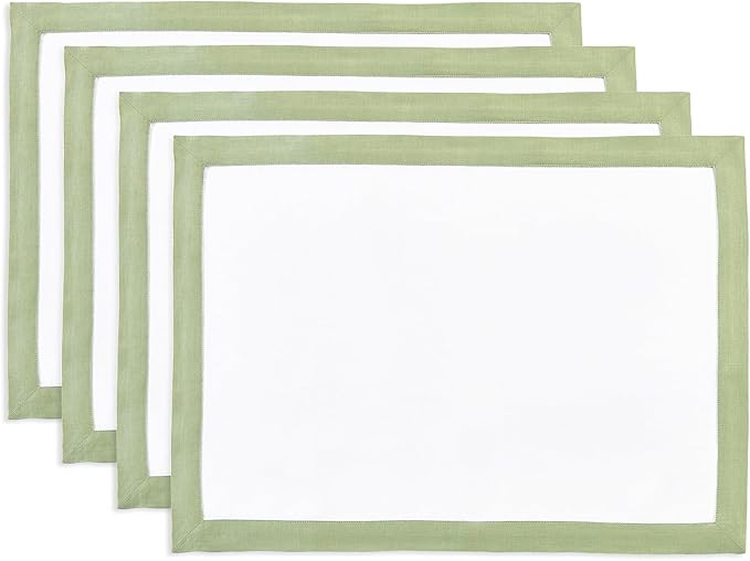 Solino Home Linen Placemats Set of 4-100% Pure Linen Sage Green and White Placemats 14 x 19 Inch for Spring, Summer - Classic, Handcrafted and Machine Washable