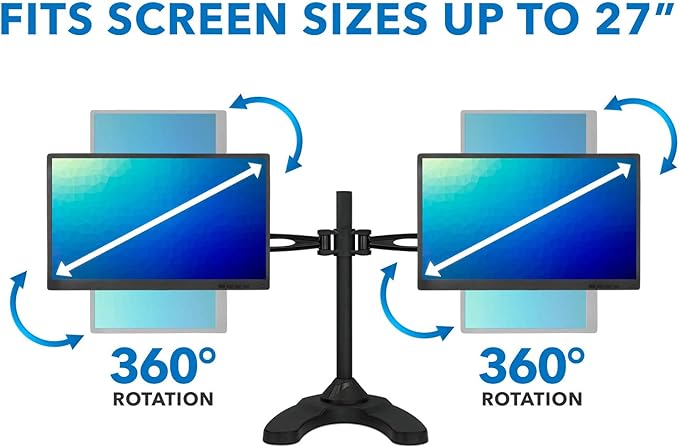 Mount-It! Dual Monitor Stand for Desk, Adjustable Monitor Stand for 2 Screens up to 27", 22 lbs Each, VESA 75x75 100x100, Full Motion Arms, Free Standing Base or Grommet Mount, MI-792