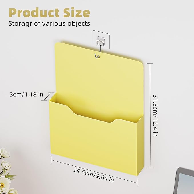 2 Pack Magnetic File Holder - Paper Holder, Pocket Organizer,Hanging Wall File Organizer Office Supplies Storage, Magazine Mail Organizer Case for Notebooks,Planners,Letter (Yellow)