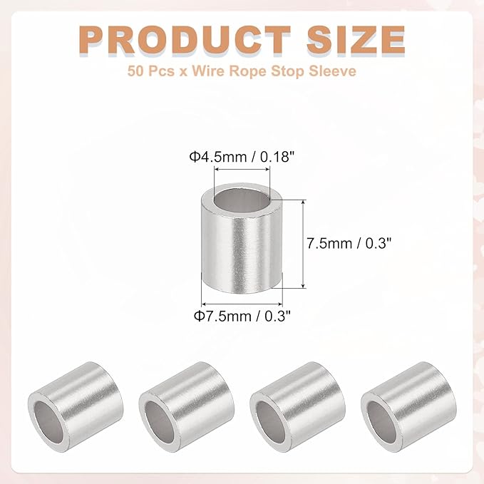 uxcell 3/16"(4mm) Aluminum Crimping Loop Sleeve, Wire Rope Stop Sleeve Round Crimp Ferrules for Wire Rope and Cable Ferrule, Silver 50Pcs