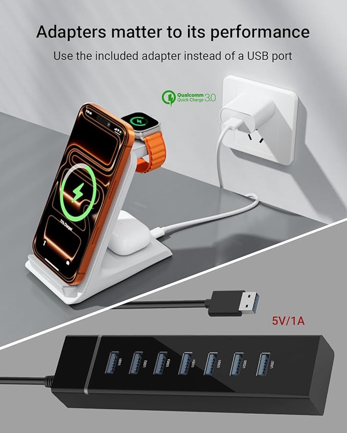 Eazpower Wireless Charger for Thick Cases of 10MM/Otterbox/Heavy Duty, 3 in 1 Charging Dock for iPhone 17 16 15 14 Pro Max, Phone Stand Charging Station for Multiple Devices for Apple Watch/AirPods