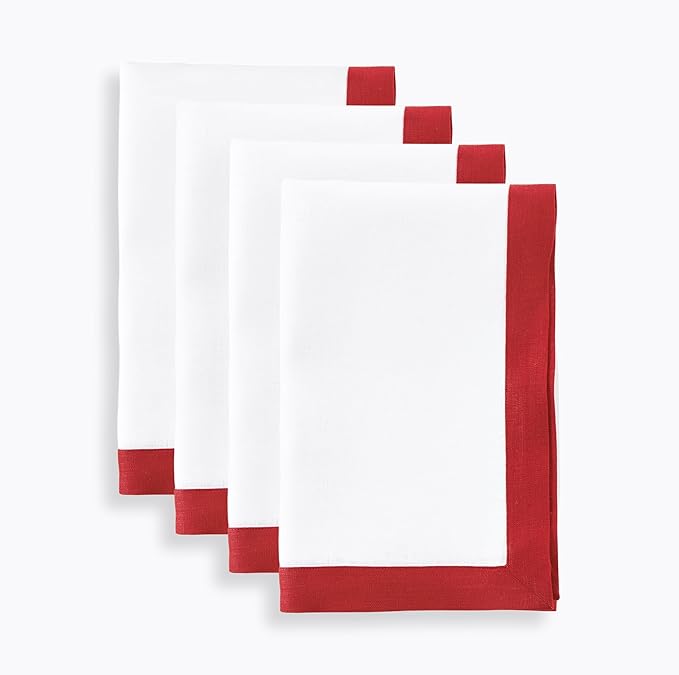 Solino Home Linen Napkins Set of 4-100% Pure Linen Red and White Dinner Napkins Cloth 20 x 20 Inch - Classic, Handcrafted and Machine Washable - Memorial Day