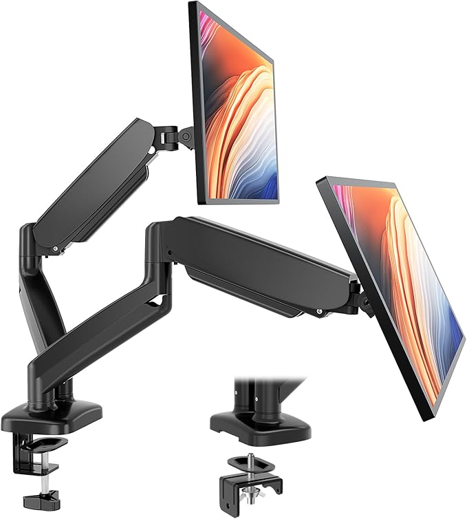 DUMOS 2Pcs Dual Monitor Mount for Desk, Gas Spring Monitor Arm for 2 Monitors Max 32 Inches, Fully Adjustable Double Monitor Mount, VESA Mount with C-Clamp/Grommet Base, Holds Screen 17.6 lbs