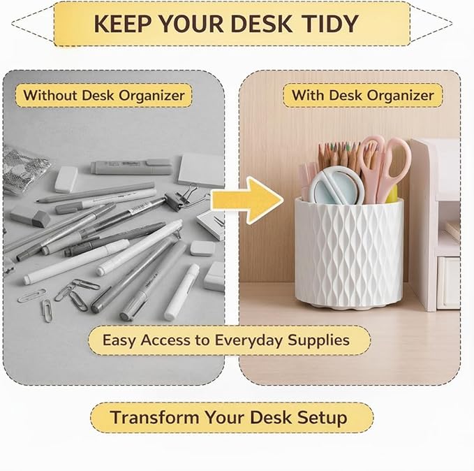 White Pen Holder for Desk, 360° Rotating Pencil Holder with 5 Slots - Spinning Desk Organizer & Pencil Cup for Art Supply, Office Pen Organizer for Home, School, Desk Accessories