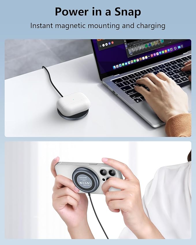 NANAMI Magnetic Fast Wireless Charger Pad with 20W PD Adapter,for MagSafe iPhone 17/16/15/14/13/12 Series & AirPods 3/2/Pro 2,Non-Slip Base & Strong Magnetic Alignment for Desk and Office Use(Black)