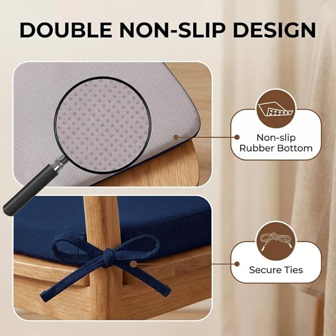Chair Cushions Set of 1, D-Shaped Seat Cushion for Chair, Non Slip Chair Pads with Ties, 17" x 16" x 2", 40D Foam, Removable Washable Cover, Seat Cushions for Kitchen Chairs, Dark Blue