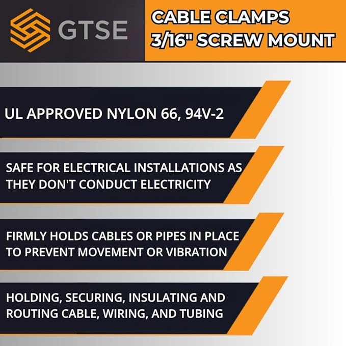 GTSE Black Nylon Plastic Cable Clamps, 3/16" Screw Mounts for Cable, Rope, Tube Management, 100 Pack