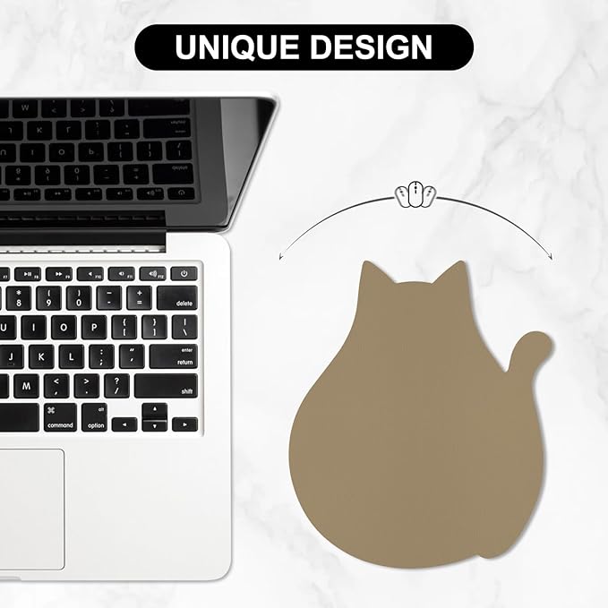 Funny Leather Mouse Pad Cute Cat Shape Office Desk Accessories Decor for Women Small Mousepad with Non-Slip Rubber Base Washable Waterproof, 9.7" x 8", Apricot