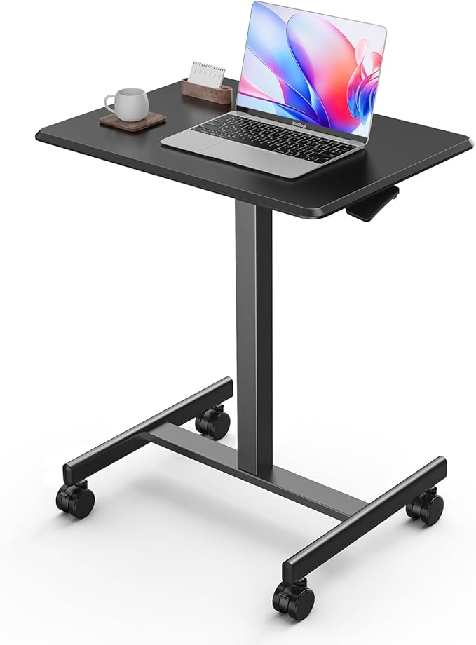 DUMOS Small Rolling Desk Mobile Standing Portable Laptop PC Table with Wheels, Adjustable Height Computer Workstation for Bedroom Study Use, Space Saving Home Office Desk, Modern Black