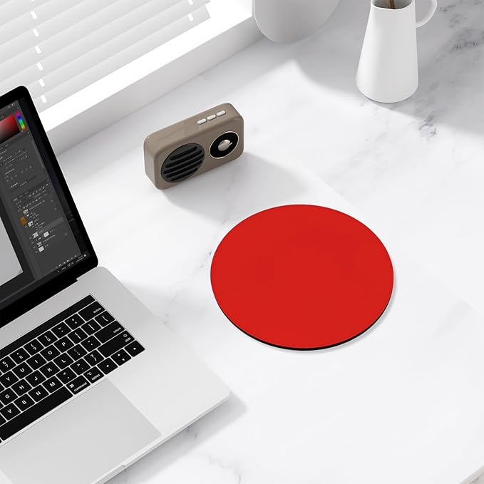 Leather Mouse Pad, Office Mouse Mat Non-Slip Rubber Base Stitched Edge Washable Waterproof Round Mousepad for Office Gaming PC Laptop, Round Diameter 8.7 inches, Bright Red