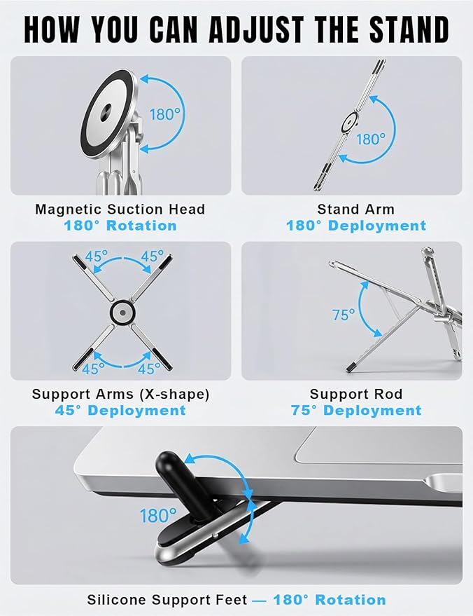 4-in-1 Foldable Laptop Stand & Magnetic Phone Holder, Silver Aerospace Aluminum Portable Desk Mount with N52 MagSafe Compatible Tripod Handle for MacBook Pro, iPad, Travel & Vlogging