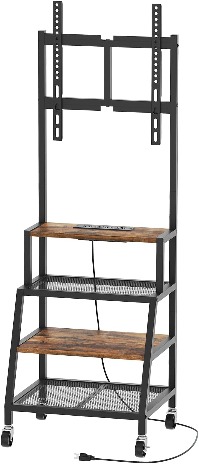 MAHANCRIS Rolling TV Stand with Mount, Corner TV Console with Wheels Up to 50 Inches, Entertainment Center with Storage, Small TV Stand with Power Outlet for Living Room, Rustic Brown TVHR117E01