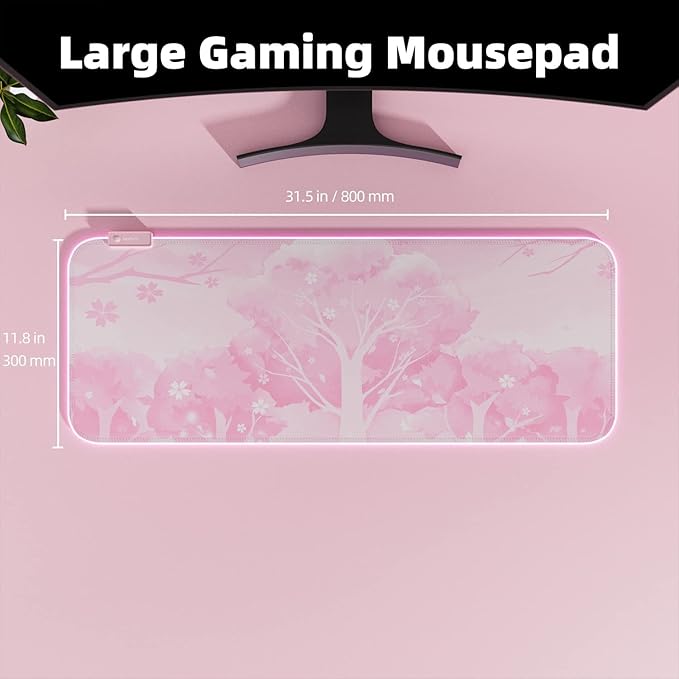 Pink RGB LED Gaming Mouse Pad, 14 Modes Glow Pad, Extra Large Gaming Mousepad,Waterproof Rubber Non Slip Cute Sakura Mat, Extended Big Keyboard and Mouse Pad Mat for Gamer Office Home, XXL 800×300×4mm