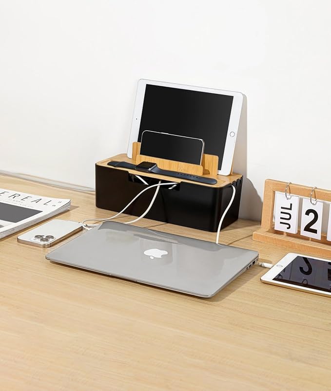 Cable Management Box with Wooden Lid, Multi-Device Organizer for Phones/Tablets/Smartwatches, Desktop Cord Organizer for Tidy Workspace (Black)