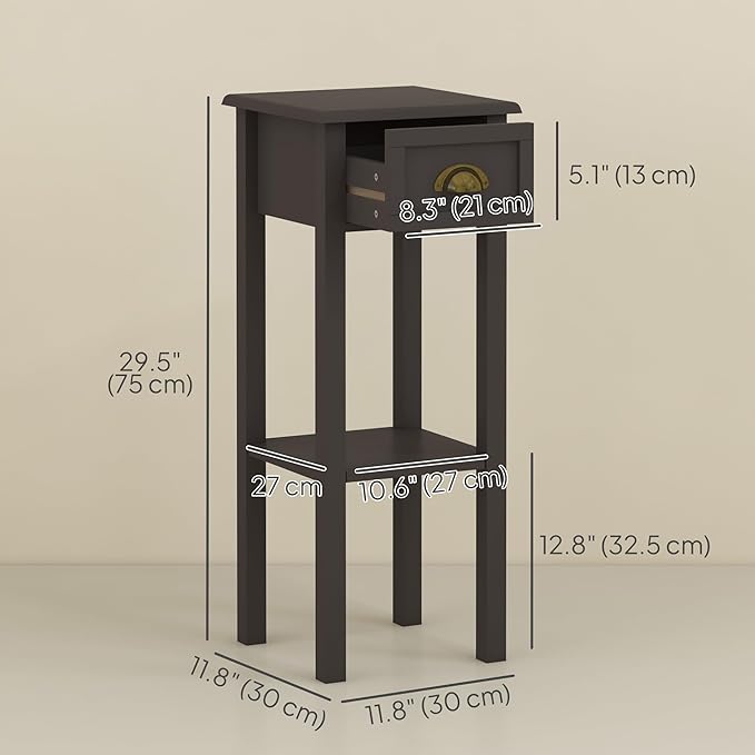 HOMCOM Narrow End Table with Drawer and Bottom Shelf, Slim Side Table for Small Spaces, Skinny Modern Accent Desk for Living Room, Set of 1, Coffee