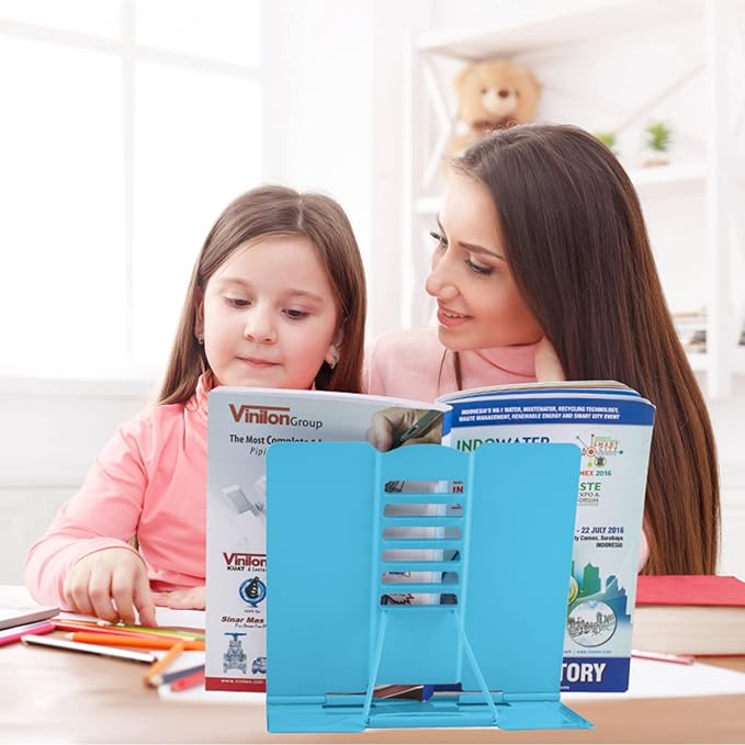 Honagu Metal Desk Book Holder, Hands Free Adjustable Cookbook & Document Holder, Portable Bookstand for Music Books, Textbooks, Recipes, Tablets & iPads (Sky Blue)