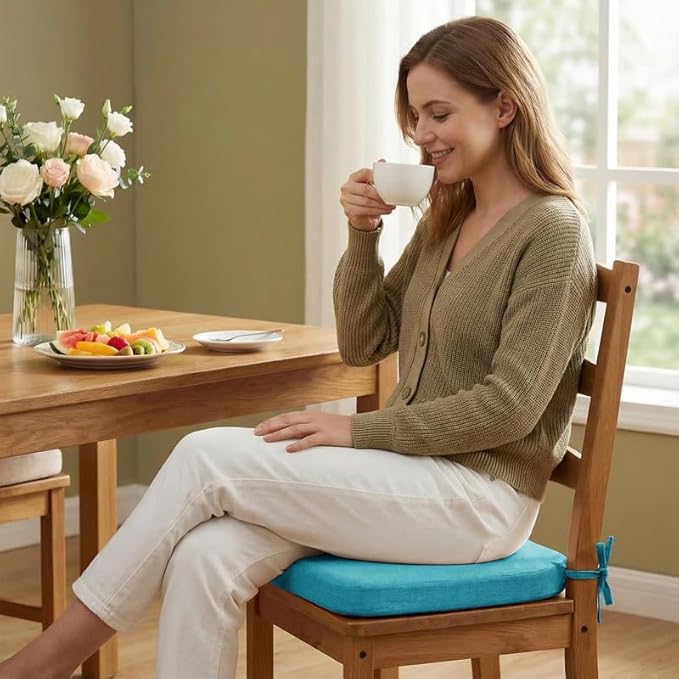 Chair Cushions Set of 6, D-Shaped Seat Cushion for Chair, Non Slip Chair Pads with Ties, 17" x 16" x 2", 40D Foam, Removable Washable Cover, Seat Cushions for Kitchen Chairs, Lake Blue