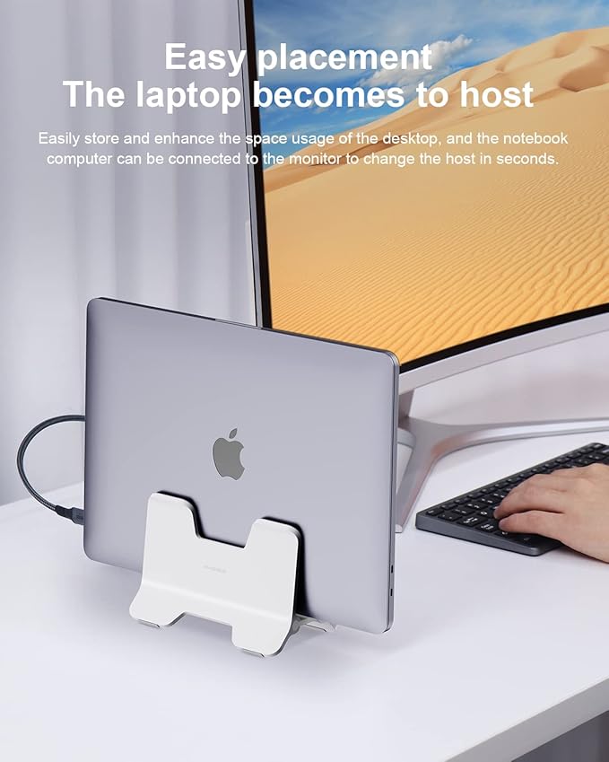 Hagibis Vertical Laptop Stand Desktop for Desk Gravity Locking Holder Dock Save Space Improves Airflow for MacBook Pro, Mac mini, Surface, HP, Dell, Chrome Book (White ABS)