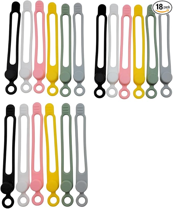 Set of 18 Silicone Cable Straps Organizer, Wire Management Ties for Bundling Phone Charger Cables, Earphones, Computer Cords, Organize Home Office (MultiColor18)