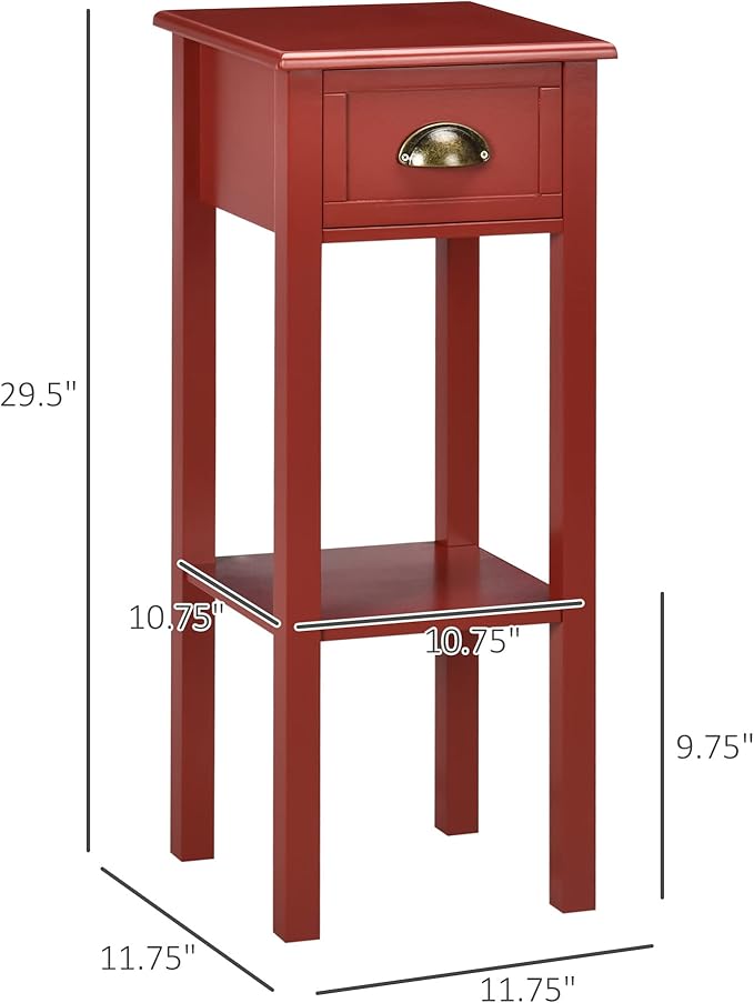 HOMCOM Narrow End Table with Drawer and Bottom Shelf, Slim Side Table for Small Spaces, Skinny Modern Accent Desk for Living Room, Set of 1, Red