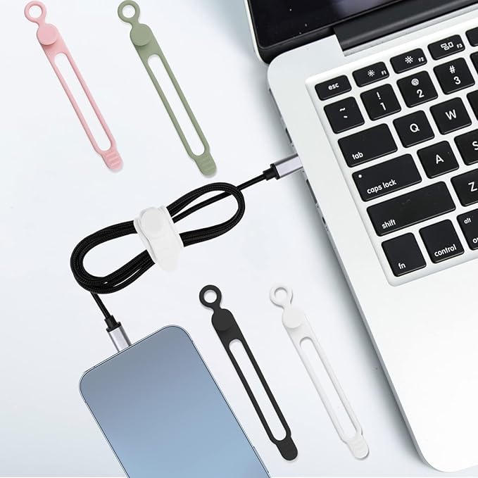 Set of 6 Green Silicone Cable Straps Organizer, Wire Management Ties for Bundling Phone Charger Cables, Earphones, Computer Cords, Organize Home Office (Green6)