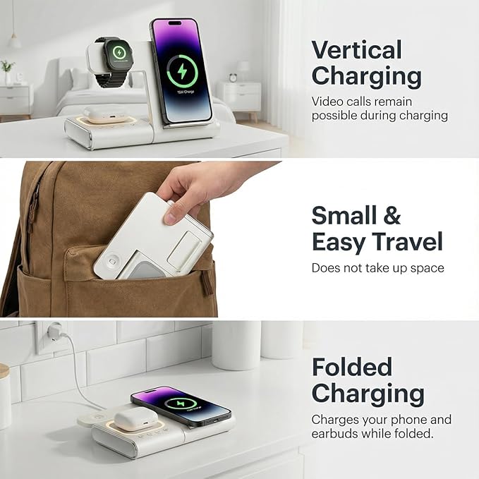 BLKE 3 in 1 Wireless Charging Station with Bluetooth Speaker & Night Light, 33W Foldable Bedside Charger Stand for iPhone 17/16/15/14/13, Apple Watch, AirPods Pro & Samsung Galaxy Phone