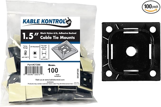 Kable Kontrol Zip Tie Mounts, 1-1/2” Sq, Black, 100 Pcs, Adhesive Backed Multi-Purpose UV-Resistant Mounting Squares Nylon Cable Tie Wrap Anchor Pads for Cable Management