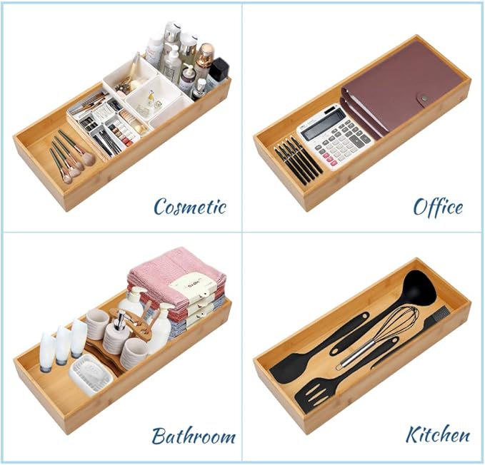 PRATIQUE Bamboo Drawer Organizer - Kitchen Utensil Organizer Silverware Tray Cutlery Holder，Office Desk Supplies and Accessories (8.9x3x2.6 inch)