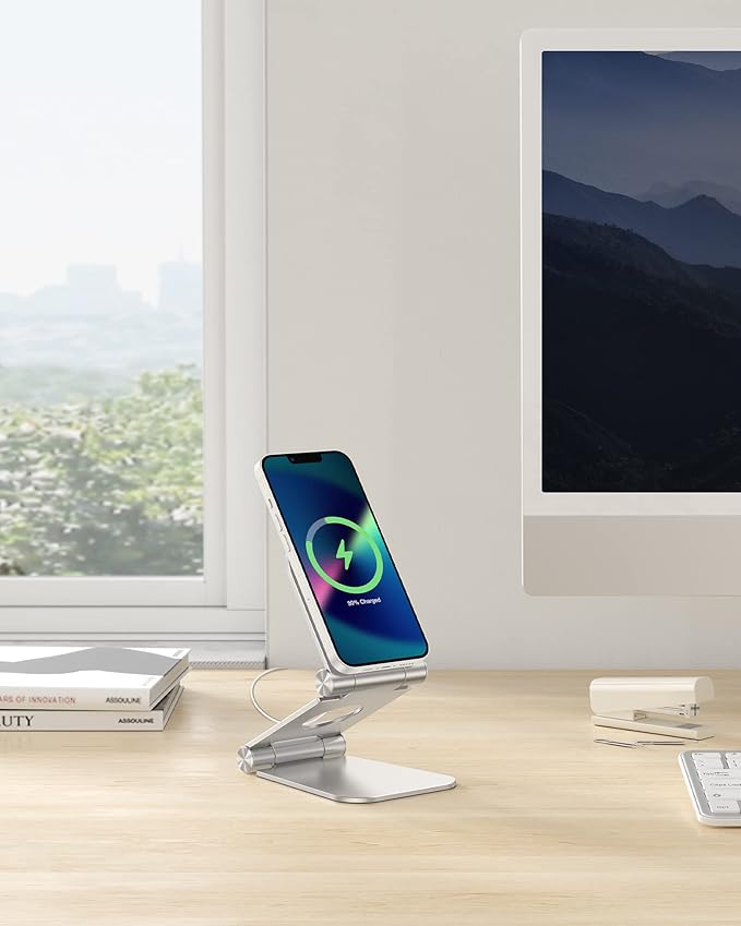 OMOTON Stand for MagSafe Charger, Foldable Phone Stand Holder for MagSafe Accessories， Compatible with iPhone 17/16/15/14/13/12 Pro Max/iPhone Air, [Charger for MagSafe Not Included], Silver