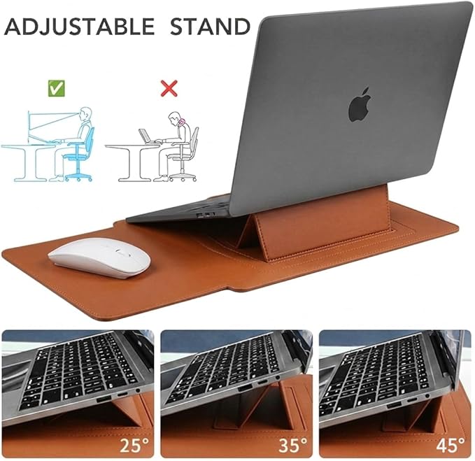 4-in-1 Laptop Sleeve with Stand and Mouse Pad, Faux Leather Protective Case with Accessory Pouch for 13.3-14 Inch Laptops, Brown