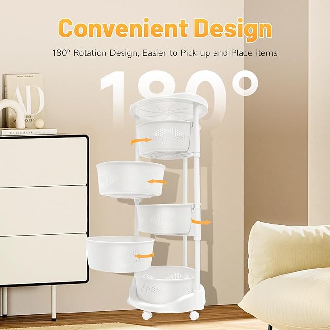 Fruit Basket for Kitchen, 5 Tier Circular Rotating Basket Large Storage Rack with Wheels, Standing Shelf Storage, Multi-Layer Storage Shelves with Top Lid for Living Room, Office, White (5-Tier)
