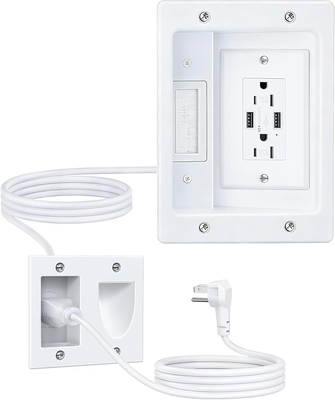 FORGING MOUNT Cord Hider for Wall Mount TV with AC Outlets, 2X USB-A Ports, in-Wall Cable Management Kit, Includes 6ft Extension Cord, Drywall Hole Saw Attachment, Drill Templates