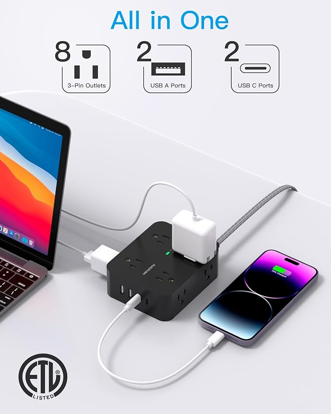 Power Strip Surge Protector, HANYCONY 8 Outlets with 4 USB Charging Ports(2 USB C), 3 Side Outlet Extender with 5 Ft Extension Cord, Flat Plug, Wall Mount, Desk Charging Station for Home Office ETL