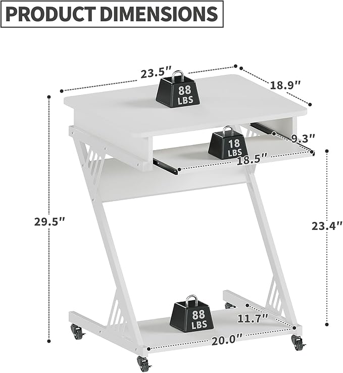 ALISENED 2 Tier Computer Desk with Keyboard Tray, 23.6" Home Office Desk Computer Workstation Rolling Study PC Laptop Table for Small Spaces,Z-Shaped Small Compact Study Table,White