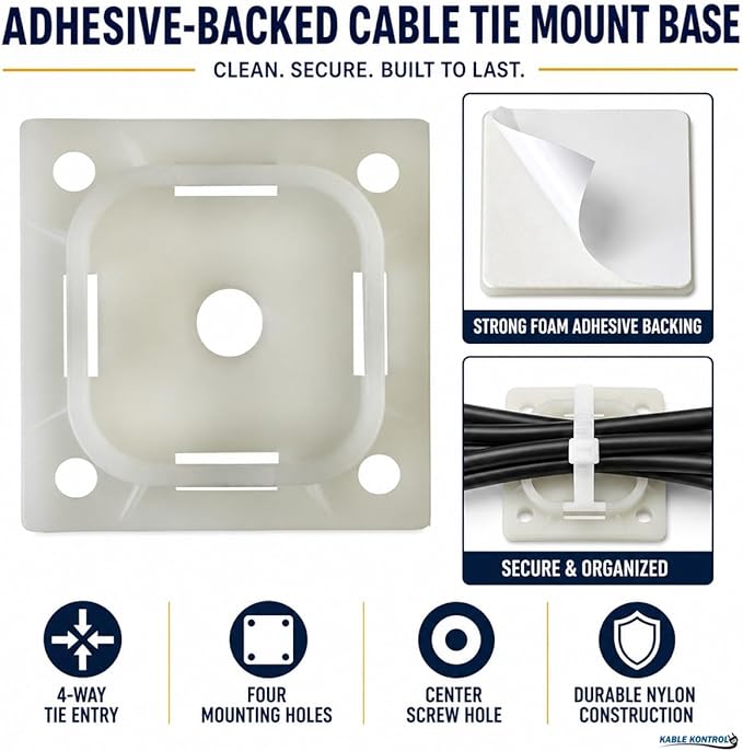 Kable Kontrol Zip Tie Mounts, 1-1/2” Sq, Natural White, 100 Pcs, Adhesive Backed Multi-Purpose Mounting Squares Nylon Cable Tie Wrap Anchor Pads for Cable Management