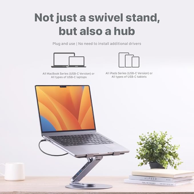 ADAM elements HUB 360 8-in-1 USB-C Docking Station, 360° Rotating Laptop Stand with 4K HDMI, 100W PD, USB 3.2, SD/TF Card Reader for MacBook Pro/Air M4 M3 M2, iPad & Windows Laptops