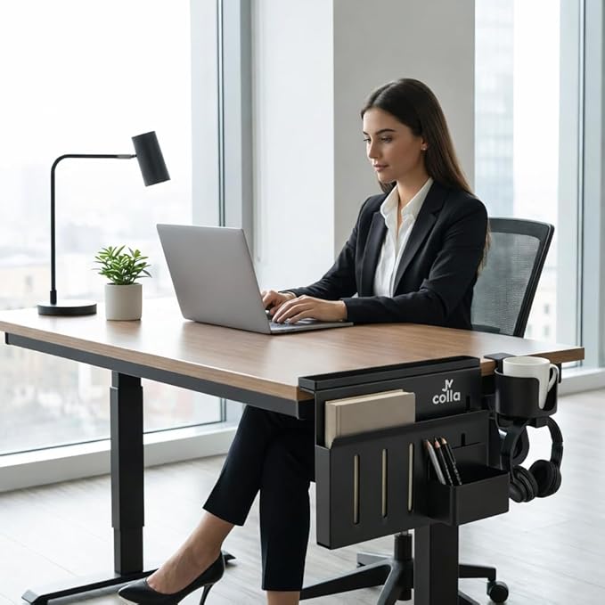 Desk Side Storage Organizer Clamp On – Side Desk Organizer Kit with Cup Holder, Magnetic Cable Organizer & Accessory Magnet, Hanging Desk Organizer for Home Office & Standing Desk