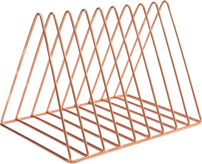 Sooyee 9 Slot Rose Gold Magazine Holder, Desktop File Sorter Organizer Triangle Bookshelf Decor for Home Office, 10.2" L x 7" W x 6.9" H, Iron Wire
