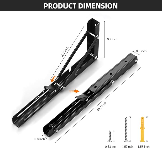 Folding Shelf Brackets 20 inch Foldable Shelf Bracket Heavy Duty Collapsible Shelf Brackets DIY Wall Mounted Fold Down Table Bracket Space-Saving for Benches Workstation (2PC, Max.Load 177 lbs)
