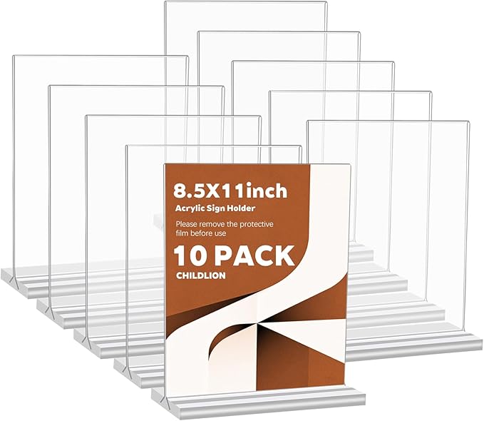 CHILDLION 10 Pack Acrylic Sign Holder 8.5x11 Inches, Double Sided Clear Display Stand Table Top Paper Holder, Vertical Menu Flyer Stand, Plastic Frame for Stores, Restaurants, Hotels, Office (10 Pack 8.5*11)