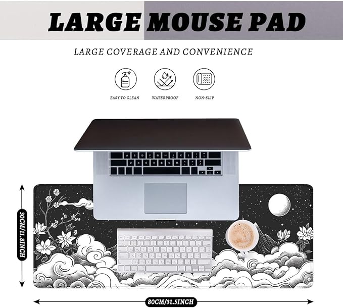 Moon Mountain Gaming Mouse Pad Black White Landscape Zen Mountain Mousepad Extended Large Laptop Keyboard Non-Slip Rubber Base with Stitched Edges 31.5x11.8 Inch