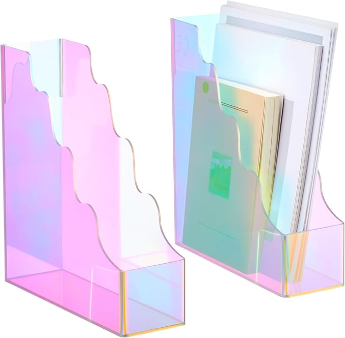 Engrowtic 2 Pcs Iridescent Acrylic Magazine File Holders, Water Ripples Vertical File Organizer, Colorful Acrylic Folder Organizers for Desk Office Classroom Home Decor Document Storage Organizer