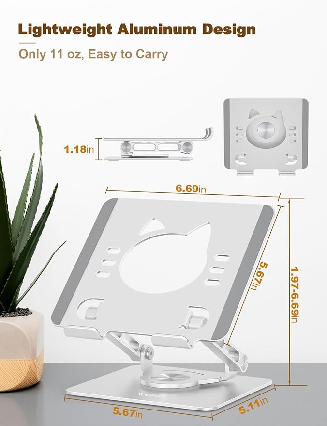 Aoviho Tablet Stand 360° Rotating Aluminum Holder, Adjustable, Portable and Foldable Monitors Stand for iPads, Compatible with 4-12.9" Tablets, Silver