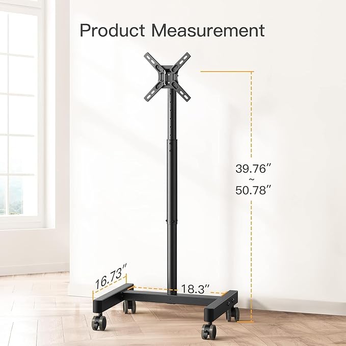 Perlegear Rolling TV Stand, Mobile TV Stand on Wheels for 13-50 inch TVs with Height Adjustment & 30° Tilt, Portable TV Cart with Wheels Holds 44lbs, Max VESA 200x200mm