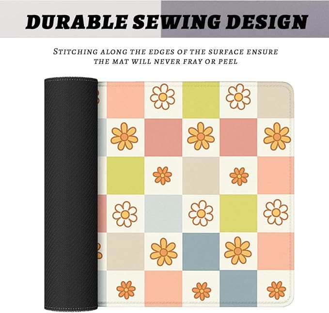 Retro Daisy Desk Pad Mouse Pad Cartoon Colorful Cute Floral Checker Mouse Pad Large Mousepad Extended Laptop Keyboard Mat Gaming Desk Pad Mouse Mat 31.5"x11.8"
